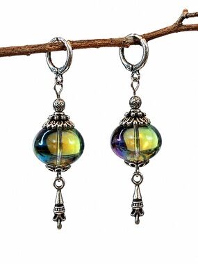 Iridescent Czech Glass Boho Earrings, Silver Dangle, MTO